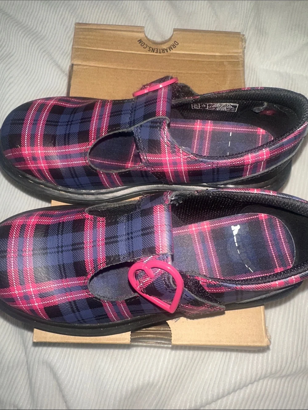 Dr. Martens Kids Pink & Navy Plaid Mary Jane with Heart Buckle